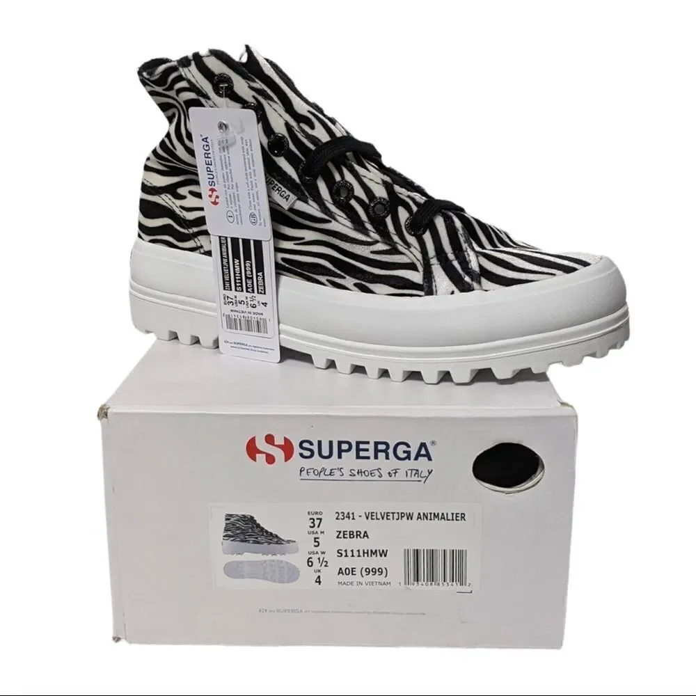 NWT SUPERGA White & Black Zebra Hi-Top Platform Sneakers